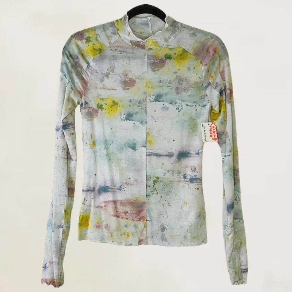Free People Mesh High Jump Long Sleeve Mock Neck Top Transcend Speckle M - Picture 10 of 10